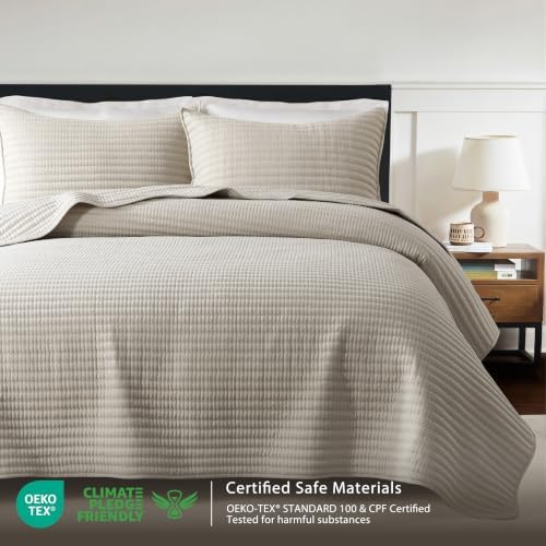 WDCOZY California King Size Quilt Set, 3 Pieces 118x106 inches, Beige