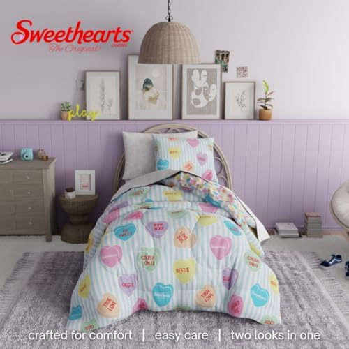 Sweethearts Original Candy Hearts Bedding 5 Piece Twin Bed Set, Soft Cozy Nostalgia Reversible Comforter and Sheet Set with Sham, Officially Licensed Product By Franco