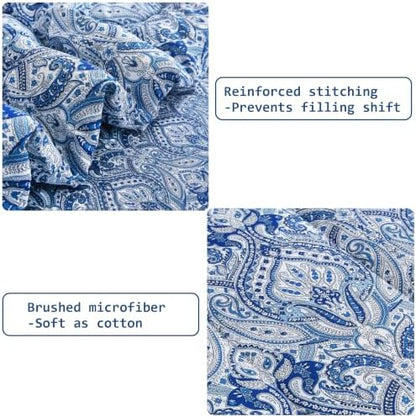 lasoftan Floral Queen Comforter Set with Sheets, 7 piece Luxury Vintage Bedding, Soft Microfiber Bed in a Bag, Cozy Lightweight Bed Set, Blue Paisley