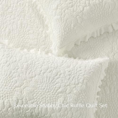 HORIMOTE HOME Cream White Ruffled Quilt Queen Size, Soft Lightweight Crinkled Farmhouse Shabby Chic Bedding Set, 3 Pieces Reversible Bedspread with Pillow Sham for All Season