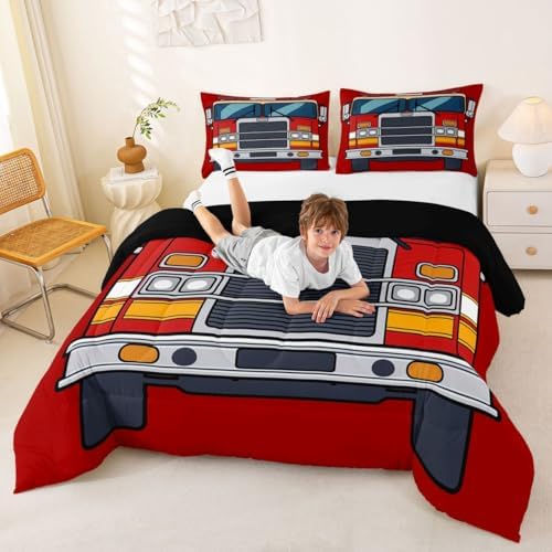 Feelyou Red Fire Truck Comforter Set Full Size Firefighter Bedding Set for Kids Boys Girls Firemen Car Vehicle Duvet Quilt Bedroom Decor Microfiber 3 Pcs with 2 Pillow Cases