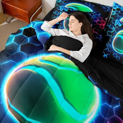 Erosebridal Tennis Queen Bedding Set - 3D Glitter Ball Pattern Bed in A Bag,Colorful Neon Honeycomb Comforter Sets with Sheets, Geometric Hexagon 7 Pieces Bed Set Bedroom Decor