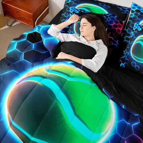 Erosebridal Tennis Full Bedding Set - 3D Glitter Ball Pattern Bed in A Bag,Colorful Neon Honeycomb Comforter Sets with Sheets, Geometric Hexagon 7 Pieces Bed Set Bedroom Decor