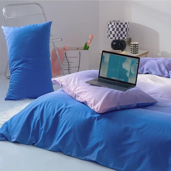 CLOTHKNOW Blue Purple Full Size Comforter Set Blue Gradient Bedding Comforter Sets Soft Blue White Comforter with 2 x Pillow Cases