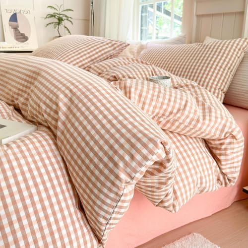 LifeTB Pink Gingham Comforter Set Queen Modern Style Blush Grid Comforter Set 3 Pieces Vintage Plaid Checkered Comforter with 2 Pillowcases Fluffy Soft Farmhouse Gingham Bedding Set Queen Size
