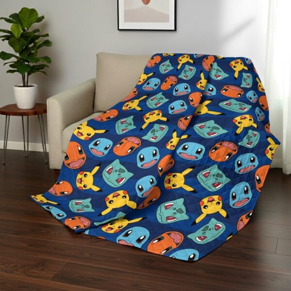 Northwest Pokemon Striped Favorites Twin Quilted Blanket, Cozy Fantasy Bedding for Gamers, Kids & Adults, Throw for Bedroom, Sofa, or Game Room Décor, 60 x 90 Inches