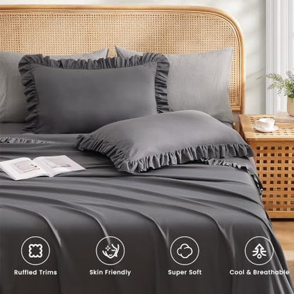 ROSE&RISY Queen Ruffle Sheet Set 4 Piece - Dark Grey Soft Lightweight Microfiber Bedding with Deep Pocket, Breathable Ruffled Flat Sheet & Pillowcases (Dark Grey, King Size)