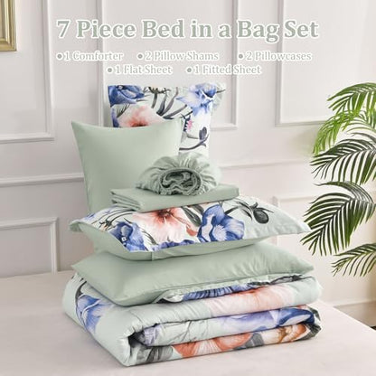 Luxudecor Floral Comforter Set Queen Size 7 Piece, Green Flower Bed in a Bag, Elegant Floral Comforter with Sheet Set, Soft Microfiber Bedding Set for All Season (Green, 90"x90")