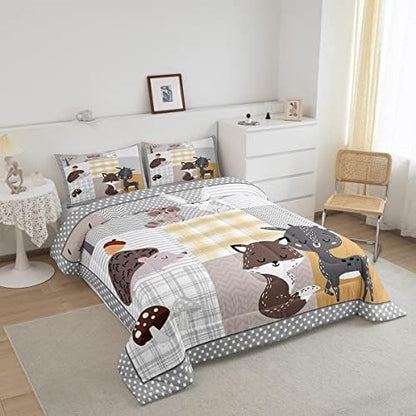Homewish Cute Animals Full Size Comforter Set,Deer and Fox Bedding Set for Adults Teens,Children Grid Geometric Stripe Comforter Luxury Wild Animals Quilt Set Room Decor 3Pcs
