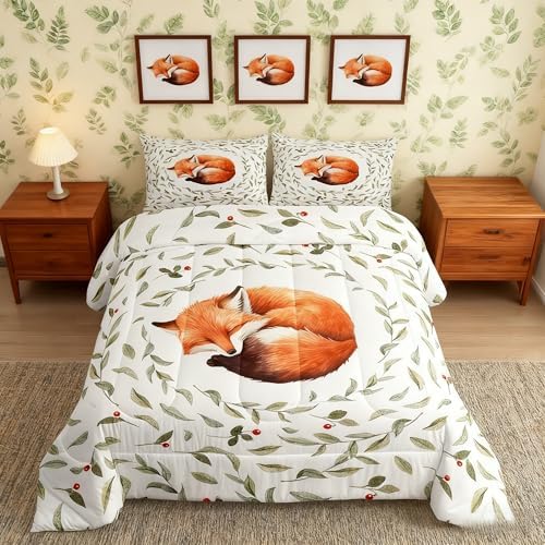 Manfei Lovely Fox Comforter Set Full Size, Cartoon Animal Theme Quilt Set with 2 Pillowcases, Botanical Floral Leaves Print Bedding Set 3pcs for Kids Boys Girls Bedroom Decor