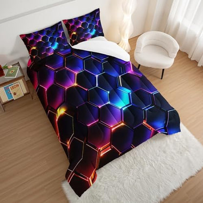 HOSIMA 3D Hexagon Honeycomb Boys Comforter Set Twin with 2 Pillowcases.