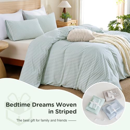 TOCOMOA Sage Green Striped Duvet Cover Set Washed Cotton Like Linen, Queen