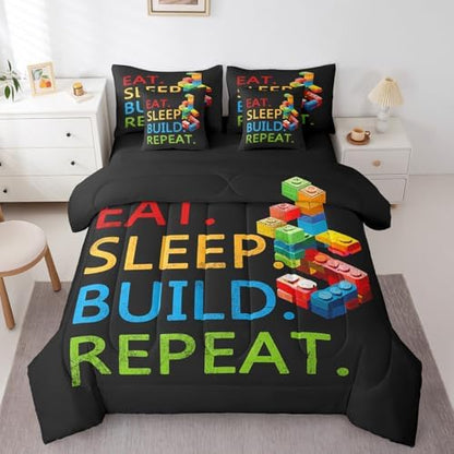 Feelyou Colorful Toy 7 Piece Bedding Set Teen Women Men Funny Building Blocks Decoration Comforter Set with Sheets Queen Size Kids Boys Cute Games Bed in a Bag Colorful Geometric Brick Room Decor