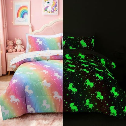 Holawakaka Glow in The Dark Unicorn Kids Full Comforter Set 5-Pieces