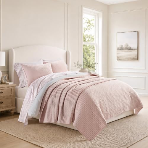 EVERGRACE 100% Cotton Cross Stitch 3-Piece Quilt Set, Queen, Ballet Pink