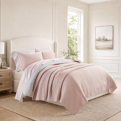 EVERGRACE 100% Cotton Cross Stitch 3-Piece Quilt Set, Queen, Ballet Pink