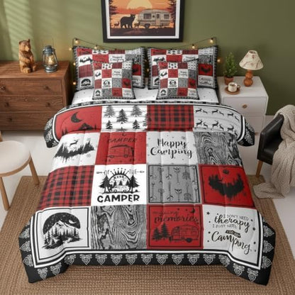 Erosebridal 7 Piece Happy Camping Bedding Set Twin for Kids Adults,Rv Camper Comforter Set for Bunk Travel Trailers,Red Black Buffalo Plaid Bed in a Bag with Sheets,Rustic Cabin Patchwork Bed Set