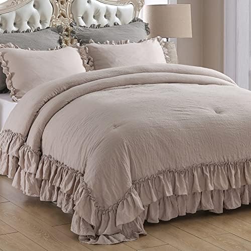 Masaca Twin Bedding Comforter Set with Ruffles,Shabby Boho Chic Taupe Farmhouse Comforter 3 Pieces (1 Kids Ruffled Comforter+2 Pillowcases) Ultra Soft Vintage French Country Bedding Sets