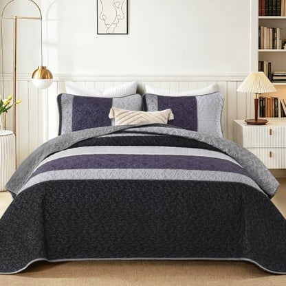 Cottolester Quilts Queen Size,Black Purple Striped Bedspread Coverlet Set