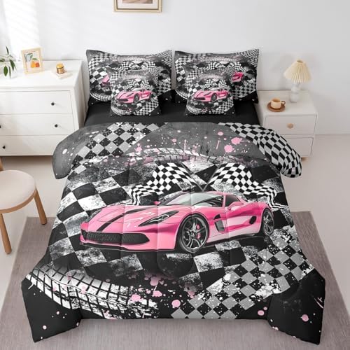 Girls Boys Racing 7 Pcs Comforter Set Queen Size Bed in a Bag,Kids Race Car Bed Set Room Decor,Extreme Sports Bedding Sets with Comforter,Flat,Fitted Sheet,Pillowcases,Pillow Covers