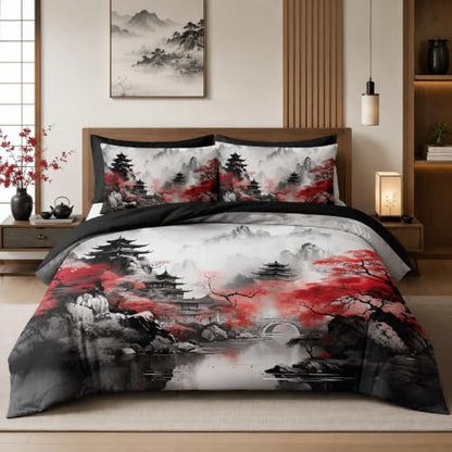 CCoutueChen Japanese Style Comforter Set Full Cherry Blossoms Bedding Black Red Chinese Watercolor Bed Set for Adult Women 3 Pcs All Season Soft Microfiber Down Alternative Comforter