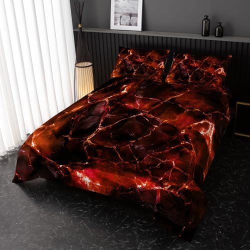 Nttopship Orange Comforter Set King Size，Orange Marble Bedding Set 3 Pcs Bedding for Adults, Marble Room Decor with Comforter and 2 Pillowcases Soft and Lightweight B-Side Black