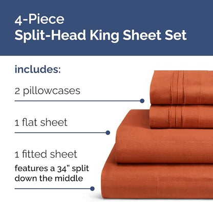 Flex Top Split Head King 4 Piece Sheet Set - Comfy Breathable & Cooling Bed Sheets Set - Hotel Luxury Bedding for Women, Men, Kids, Teens, Boys & Girls - Deep Pockets, Soft and Oeko-Tex - Terracotta