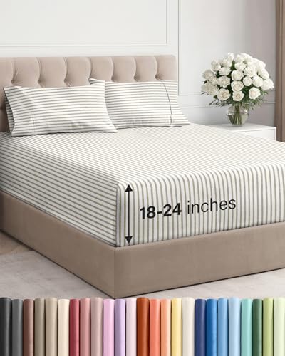 Extra Deep Cal King Sheet Set - 4 Piece Cooling Bed Sheets - Beige Stripes