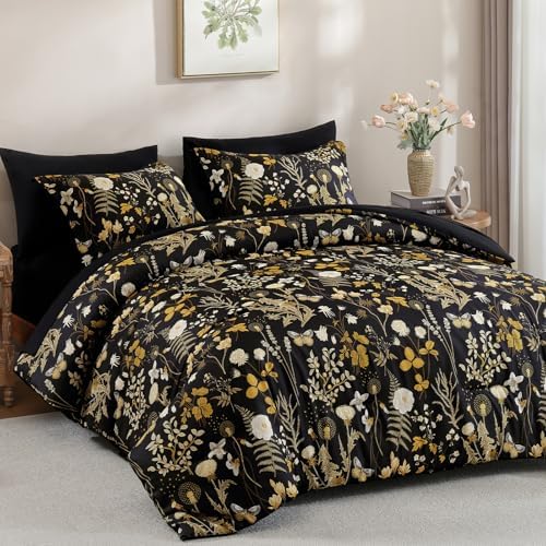 King Size Comforter Set, 7 Pieces Black Brown Floral Soft Bedding Sets Fall