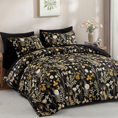 King Size Comforter Set, 7 Pieces Black Brown Floral Soft Bedding Sets Fall
