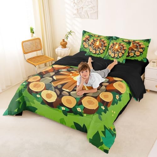 Erosebridal Campfire 7 Piece Queen Comforter Set Forest Tree Stump Comforter Set Happy Camping Camper Bedding Sets for Kids Boys Girls Woodland Campsite Summer Adventure Sheet Set with Comforter