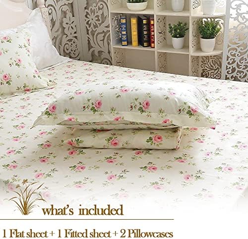 FADFAY Floral Sheets for Queen Size Bed Cotton Pink Rose Bed Shees Shabby & Chic Bedding Light Yellow Rosette Print Breathable Soft Luxury Deep Pocket Fitted Sheets 4Pcs,Queen