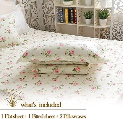 FADFAY Floral Sheets for Queen Size Bed Cotton Pink Rose Bed Shees Shabby & Chic Bedding Light Yellow Rosette Print Breathable Soft Luxury Deep Pocket Fitted Sheets 4Pcs,Queen