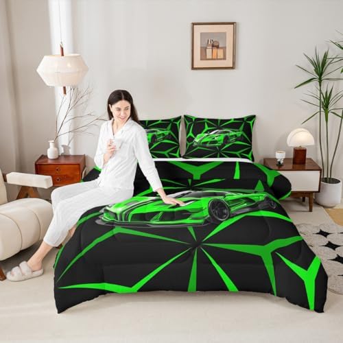 Castle Fairy Extreme Sport Theme Green Racing Car Bedding Set King Size,Abstract Geometric Lines Comforter Set for Teens Adult Men Bedroom,Race Car Ultra Soft Bedding Set with 2 Pillowcases,3Pcs