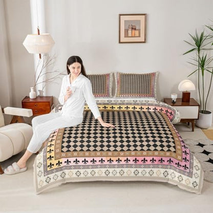 jejeloiu Geometric Checkerboard Comforter Set All Season Plaid Damask Floral Bedding Set with 2 Pillow Cases Check Checkered Microfiber Kids King Bedclothes Grid Bedroom Decor Duvet Quilt Breathable