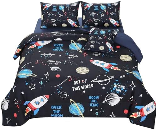 JQinHome Queen Space Comforter Set for Kids,6 Piece Bed in A Bag Galaxy Space Rocket Planets Bedding Set for Teens Boys Girls(1 Comforter,2 Pillowcases,1 Flat Sheet,1 Fitted Sheet,1 Cushion Cover)