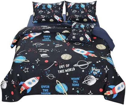 JQinHome Queen Space Comforter Set for Kids,6 Piece Bed in A Bag Galaxy Space Rocket Planets Bedding Set for Teens Boys Girls(1 Comforter,2 Pillowcases,1 Flat Sheet,1 Fitted Sheet,1 Cushion Cover)