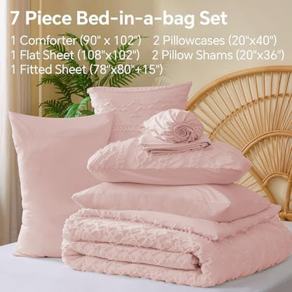 BEDELITE King Comforter Set 7 Pieces,Boho Bed in a Bag,Pink