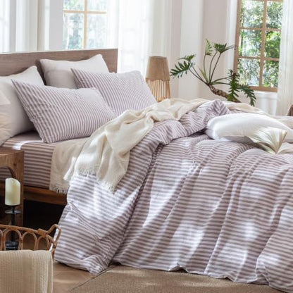 MooMee Striped Duvet Cover Set 100% Washed Cotton Linen Like Queen