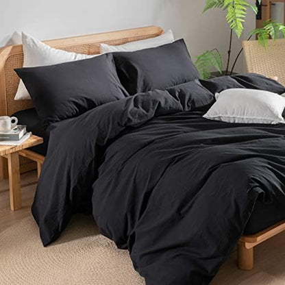 BESTOUCH Cotton Solid Duvet Cover Set Linen Feel Deep Black Super King Plus