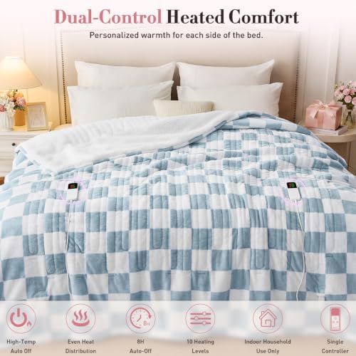 Electric Blanket Heated Queen Size, 84"X90" Dual Control, Misty Blue