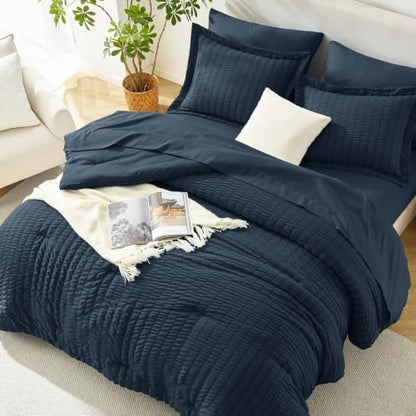 HIMEET King Comforter Set, 7-Piece Seersucker Bed in a Bag, Navy Blue