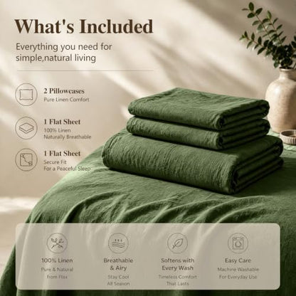 MEISHANG 100% French Linen Sheets King,4 Pcs,16" Deep Pocket