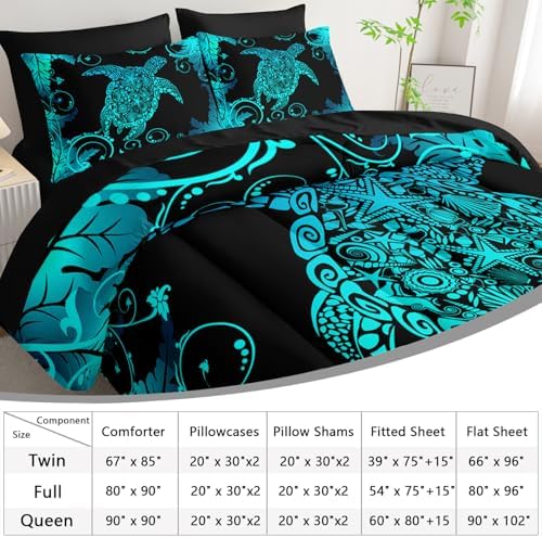 AILONEN Aqua Blue Black Turtle Comforter Set Full,7-Piece Soft Bed in a Bag for Kids Teen,Ocean Shell Sea Turtle Comforter & Fitted Sheet with Flat Sheet & 2 Pillowcases,2 Pillow Shams for Bedroom