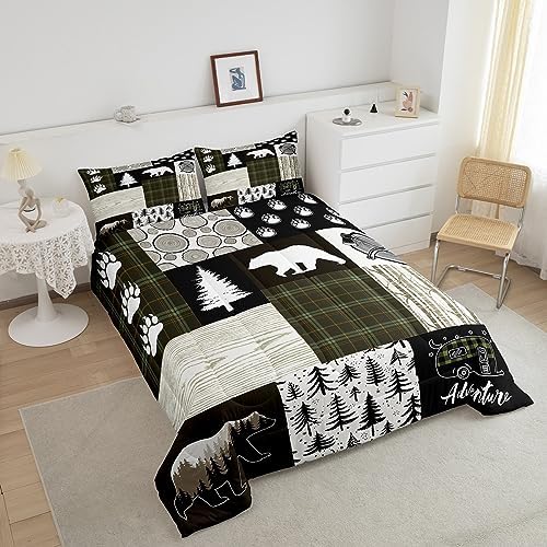 Bear Comforter Set Queen Size,Pine Trees Animals Hunting Bedding Set for Kids Boys Girls Adults Room Decor,Camping Adventure Rustic Farmhouse Down Comforter,Green Plaids Duvet Insert,2 Pillowcases