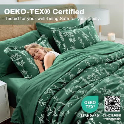 MUXHOMO Emerald Green Full Comforter Set, Elegant Floral Print Bed in a Bag 7 Pieces, Ultra Soft & Breathable Reversible Botanical Pattern Bedding Set with Comforter, Sheets, Pillowcases, and Shams