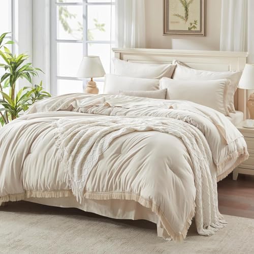 Andency Oversized Queen Comforter Set, 7 Pieces Beige Bedding