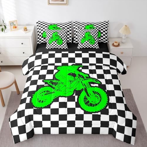 Feelyou Neon Green Motocross Comforter Set Full 7 Pieces Checkered Flag Bedding Set for Boys Girls Sporty Rider Bed in a Bag Off-Road Racing Room Decor Dirt Bike Quilted Breathable Soft Lightweight