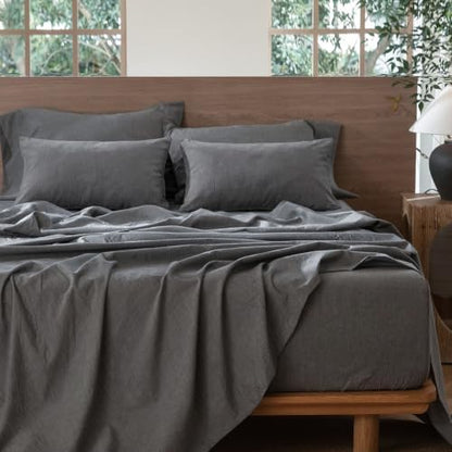 MooMee Sheet Set 100% Washed Cotton Linen-Like Extra Deep Pocket Queen
