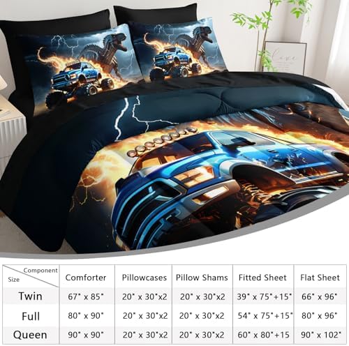 AILONEN Boys Dinosaur Comforter Set Queen,7Pcs Cartoon Monster Truck Bed in a Bag for Kids,Soft Breathable,3D Printed Comforter & Fitted Sheet with Flat Sheet & 2 Pillowcases,2 Pillow Shams,Black